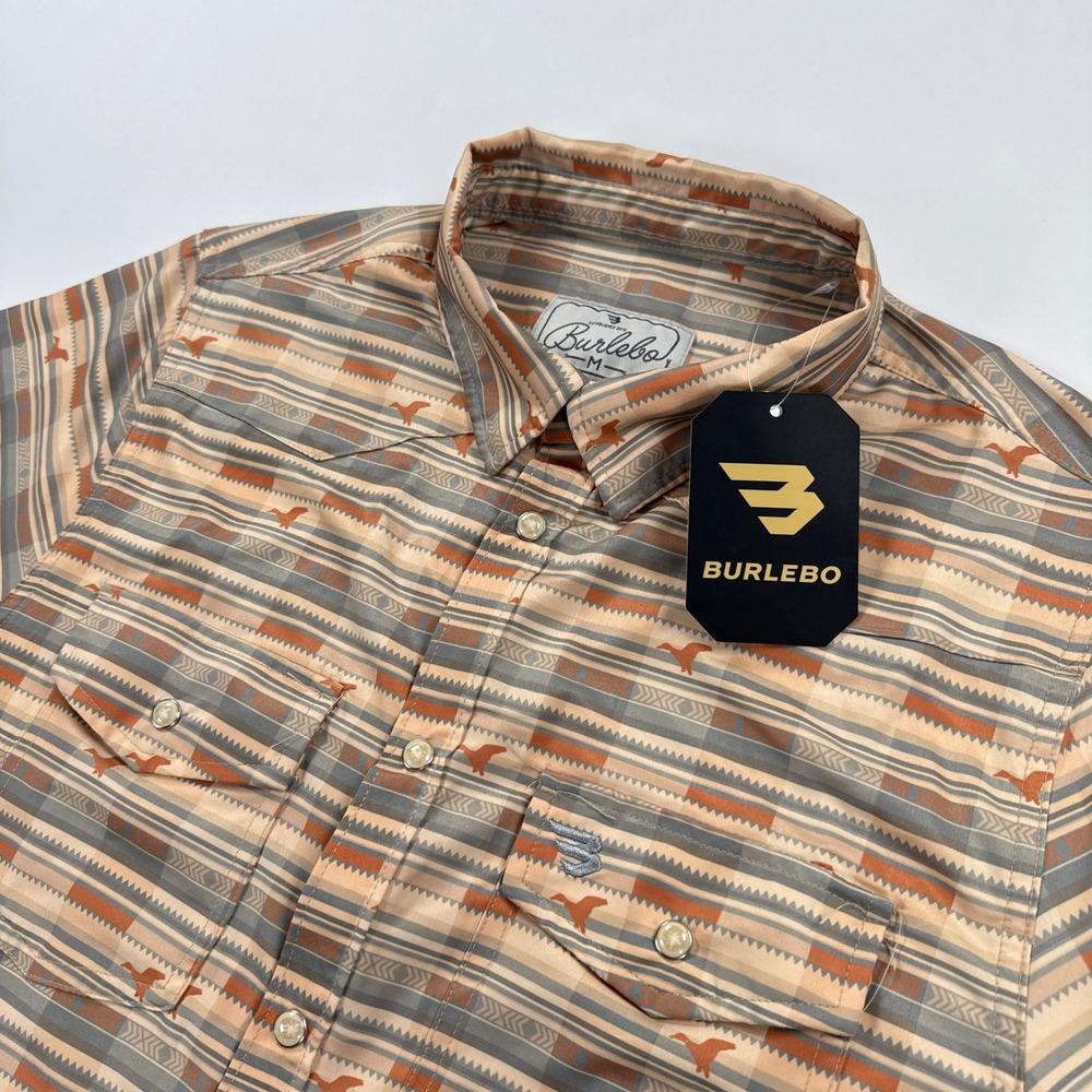 Burlebo Mens Performance Western Shirt M Tan Duck Print Pearl Snap Short Sleeve